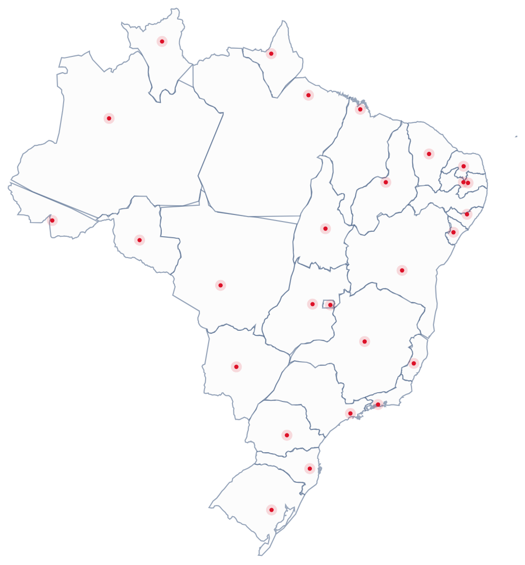 Mapa do Brasil com marcação em todos os 27 estados